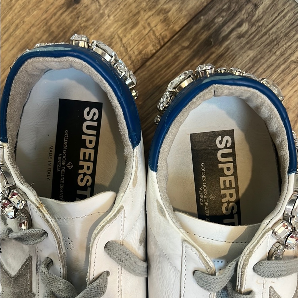 Golden Goose White and Blue Sneakers with Silver Accents
